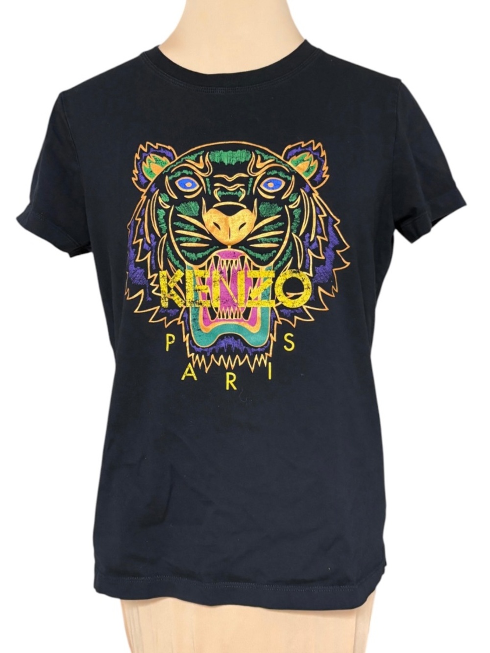 tee shirt KENZO black short sleeve tiger multicolor crew neck S/M vintage cotton